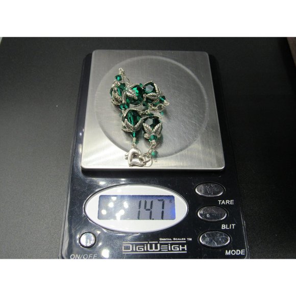 7 Inch Sterling Silver Unique Green Crystals With Leaf Accents Nature Bracelet - Picture 7 of 7